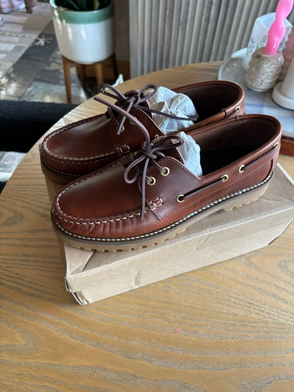 Anthropologie Brown Leather Boat Shoes with Moc Toe Stitching - Picture 5 of 5